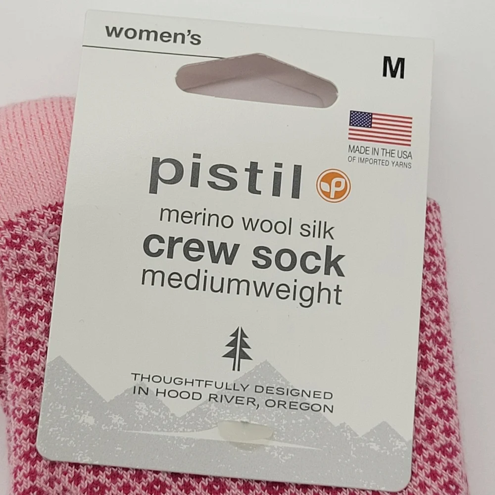 Pistil Astrid Crew Socks Merino Wool Silk Blend Pink Snowflake Womens Medium NEW